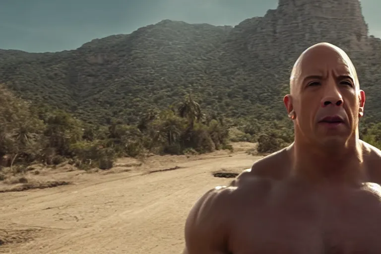 Image similar to vin diesel as dwayne johnson flexing and yelling let's go!, fast furious, low isometric perspective, cinematic still, movie still, long lens, shallow depth of field, bokeh, anamorphic lens flare, 8 k, hyper detailed, 3 5 mm film grain