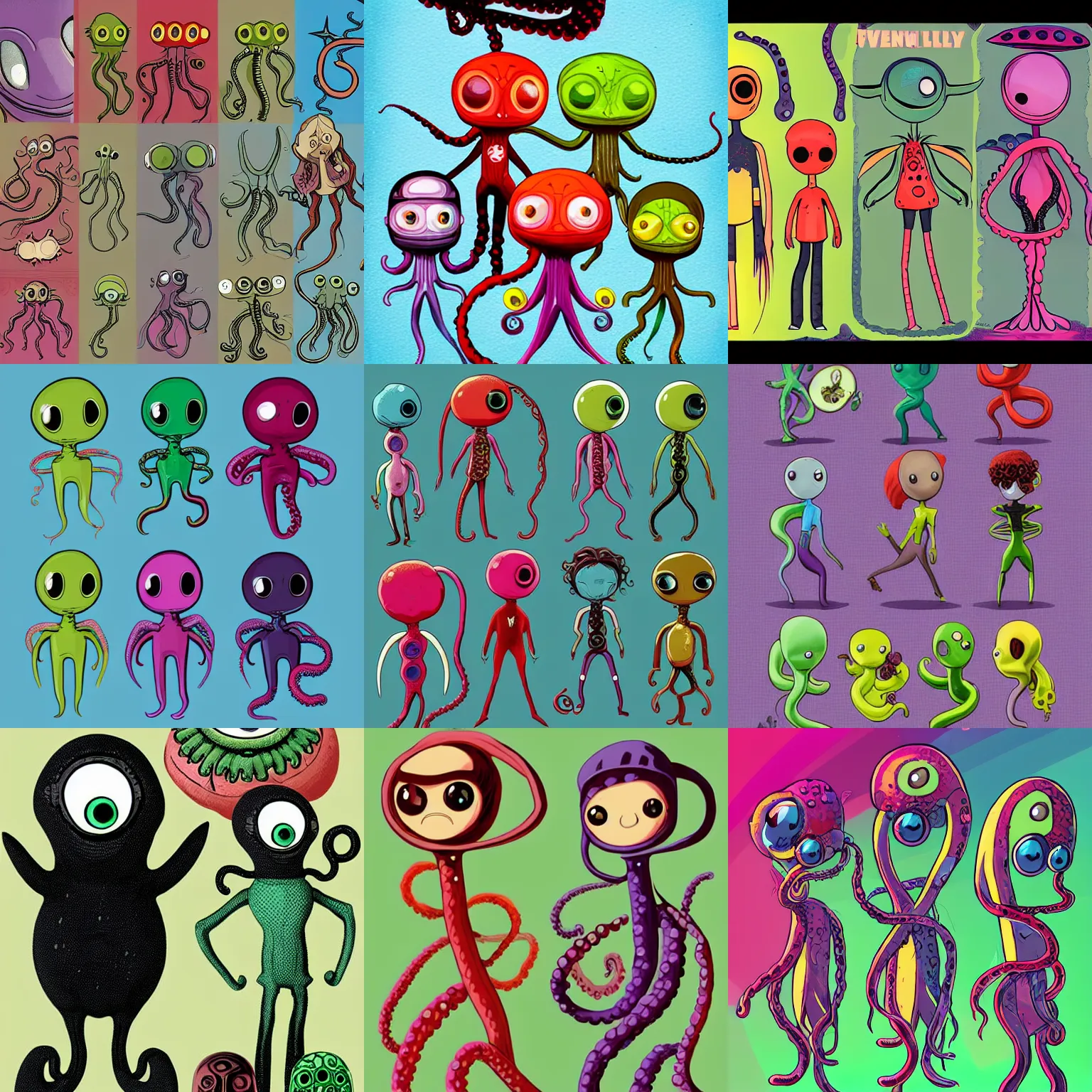 Prompt: vintage colorful friend shaped little bean aliens with big black alien eyes with webbed tentacle arms and skinny thin human legs as playable characters design sheets for the newest psychonauts video game made by double fine done by tim shafer that focuses on an ocean setting with help from the artists of odd world inhabitants inc and Lauren faust from her work on dc superhero girls and lead artist Andy Suriano from rise of the teenage mutant ninja turtles on nickelodeon using artistic cues for the game fret nice