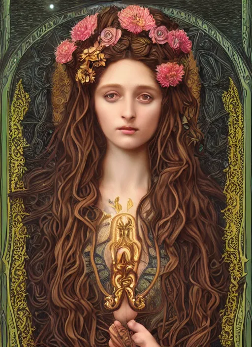 Prompt: ultradetailed ornate pre-raphaelite RPG illustration of beautiful symmetric Medusa radiating glowing aura, fully clothed with an art nouveau flowery dress, digital airbrush painting, 3d rim light, hyperrealistic masterpiece, artstation, cgsociety, kodakchrome, golden ratio