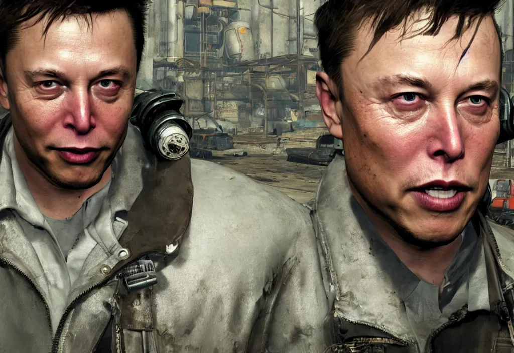 Image similar to elon musk in the video game in fallout 4, apocalyptic wastland, close up, 3 d rendering. unreal engine. amazing likeness. very detailed.