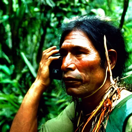 Prompt: Portrait of an Amazon indigenous tribe leader finding a cellphone in the middle of an ominous jungle, 1980s photography