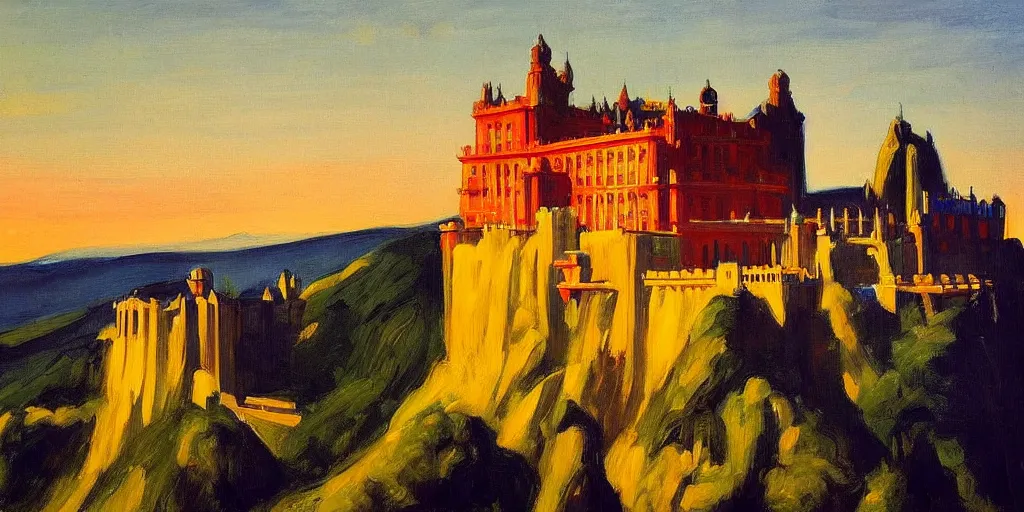 Image similar to street art. paralyzed by the indescribable beauty of the cosmos. amazing view of the palacio da pena. art style by edward hopper daring, incredible