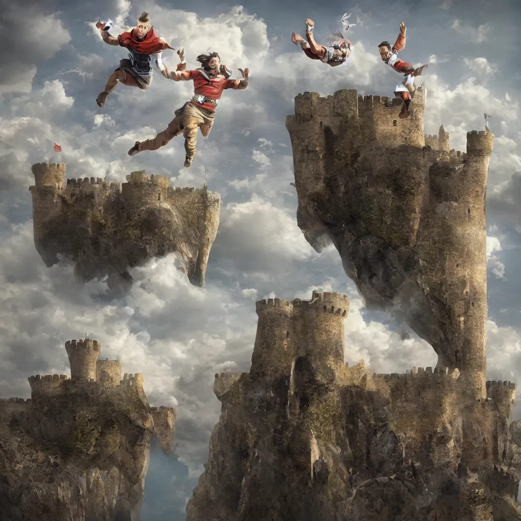 Prompt: full body of one man jumping from a castle in the air, digital art, 3 d