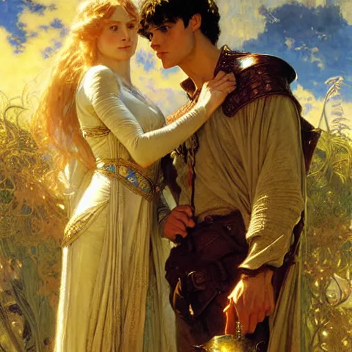 Prompt: arthur pendragon and merlin. focus on their faces. highly detailed painting by gaston bussiere, craig mullins, j. c. leyendecker, alphonse mucha 8 k