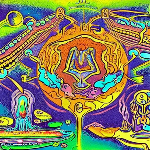 Image similar to a detailed illustration showing the creation of DMT.