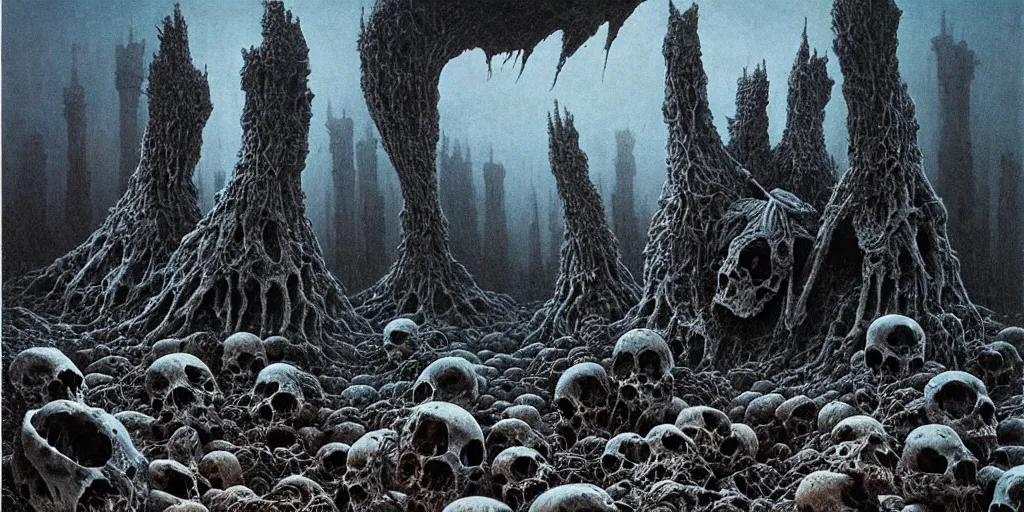 Image similar to wasteland of malformed mammal skulls, Zdzislaw Beksinski, Wayne Barlowe, gothic, cosmic horror, dystopian, biomorphic, lovecraftian, amazing details, cold hue's