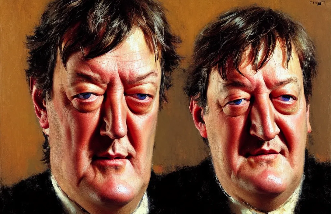 Prompt: portrait of stephen fry!!!!!!!!!!!!!!!!!!!!!!!!!!!, detailed face, detailed painting, epic lighting, by ilya repin, phil hale and kent williams