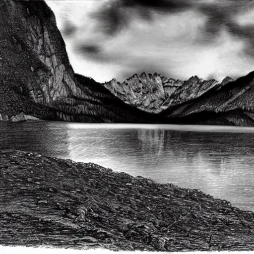 Image similar to lago di sorapis, hyper - realistic black and white drawing, hyper detailed, in the style of den yakovelv