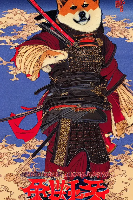 Image similar to poster of a shiba inu as a samurai, by yoichi hatakenaka, masamune shirow, josan gonzales and dan mumford, ayami kojima, takato yamamoto, barclay shaw, karol bak, yukito kishiro