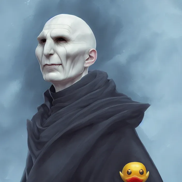 Prompt: Voldemort holding a rubber duck, magical atmosphere, trending on artstation, 30mm, by Noah Bradley trending on ArtStation, deviantart, high detail, stylized portrait