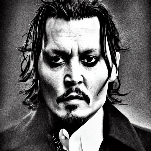 Image similar to portrait of johnny depp as a mafia boss, symmetrical, nikon 3 5 mm photography, ultrarealistic