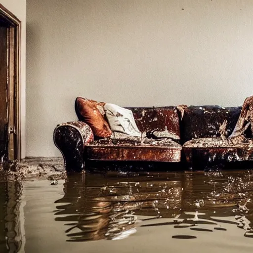 Image similar to old couches in a family room flooded with muddy water