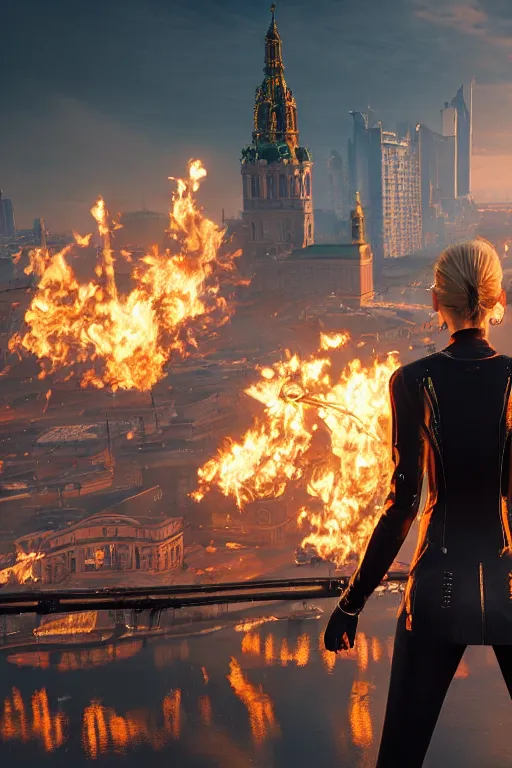 Image similar to in the foreground Saint Petersburg, in the background a magnificent young blonde woman from behind playing with flames coming out of her hands wearing a long matrix-style jacket, realistic, high definition, many details, dramatic scene, symmetrical face, realistic eyes, cyberpunk art 2077