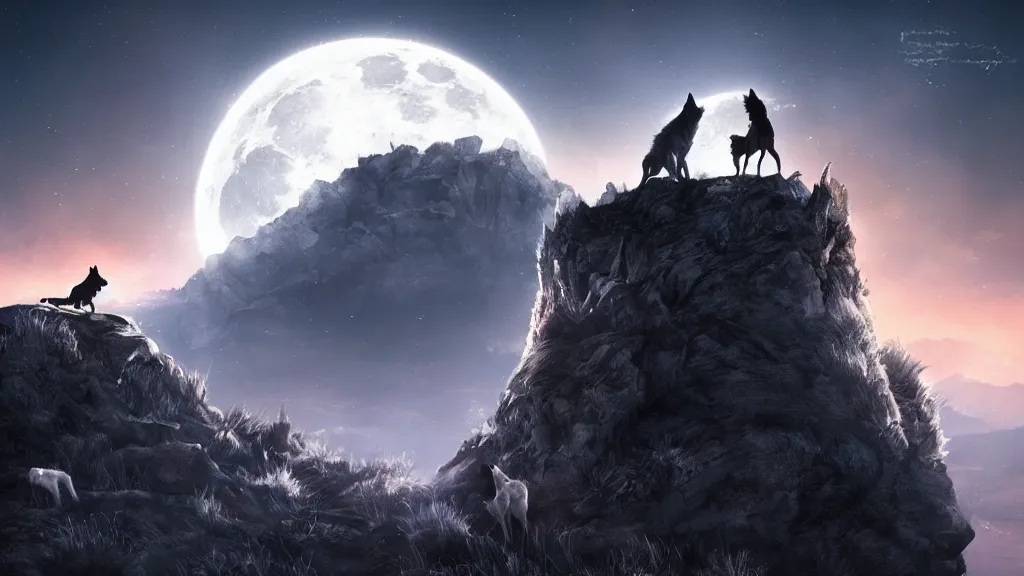 Prompt: epic cinematic shot of david bowie riding a wolf at night on a cliff with the moon in the background; artstation; deviantart; high quality trending