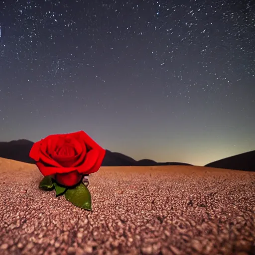 Image similar to a red rose is growing in the middle of the desert. beautiful starry sky can be seen in the background. 8 5 mm shot.