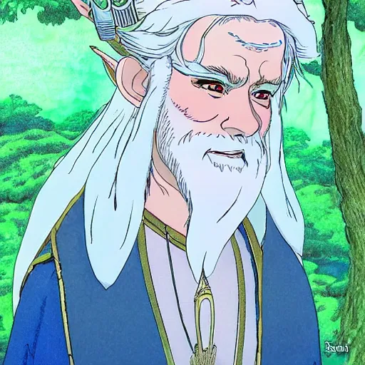 Prompt: the archfey called'the prince of frost ', white hair, blue skin, middle - age, elf, crown, in the style of studio ghibli, trending on cgsociety