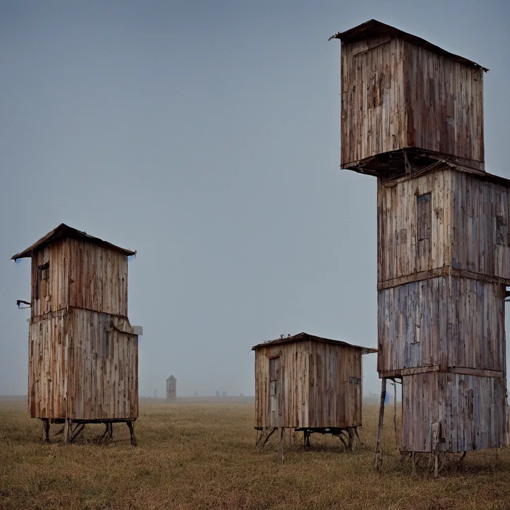 Image similar to two high towers made up of makeshift squatter shacks with faded colours, plain uniform sky at the back, misty, mamiya, ultra sharp, very detailed, photographed by julie blackmon