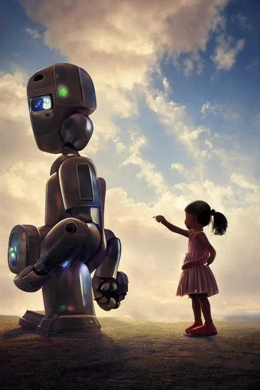 Prompt: Little girl with a bow holding her brother-robot's hand looking up to the gigantic robot's memorial whose head is almost hidden in the clouds. Golden hour. Sci-fi 4K digital 3D paint. Trending on ArtStation. Concept art. Award-winning.