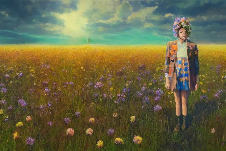 Image similar to giant thistle flower under head, a girl in a suit in field of flowers, surreal photography, sunrise, blue sky, dramatic light, impressionist painting, digital painting, artstation, simon stalenhag