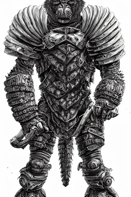 Image similar to armoured warrior humanoid ape monster, symmetrical, highly detailed, digital art, artichoke themed armour, sharp focus, trending on art station, kentaro miura manga art style