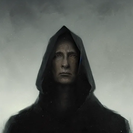 Image similar to portrait of Putin in a black cloak, glowing eyes, detailed face, highly detailed, cinematic lighting, digital art painting by greg rutkowski.