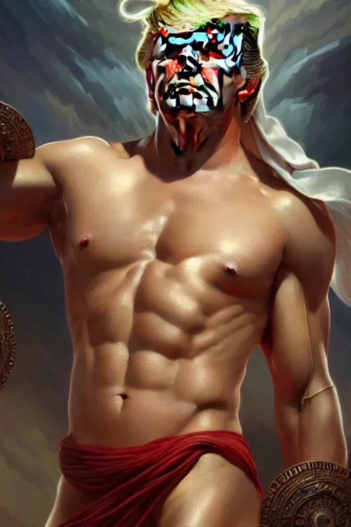 Image similar to Donald Trump as a Greek god, gorgeous, amazing, muscular, fit, very muscular male body, intricate, highly detailed, digital painting, artstation, concept art, sharp focus, illustration, art by greg rutkowski and alphonse mucha