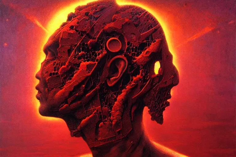 Image similar to head of a man falling apart, in the style of chris foss, in the style of beksinski, intricate and epic composition, red by caravaggio, insanely quality, highly detailed, masterpiece, purple light, artstation, 4 k
