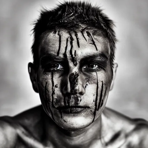 Prompt: portrait of a male warrior with a scarred face. Detailed face. Photo 8K.