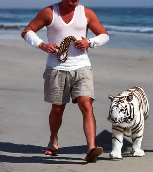 Prompt: celebrity walking his pet white tiger on a chain down Venice beach, muscle beach in 1998