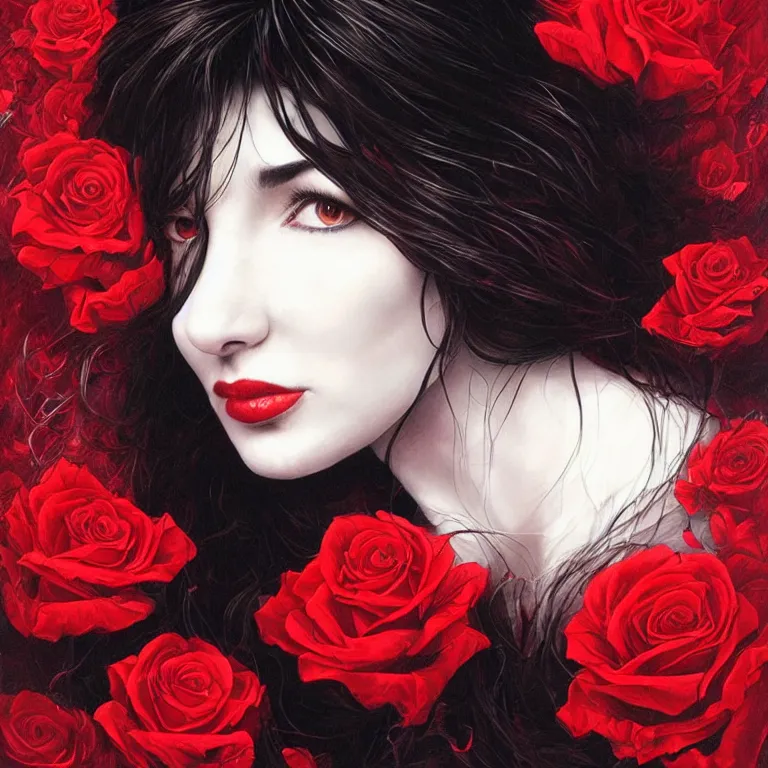 Image similar to portrait of kate bush, lush black hair, pale skin, red rose petals, flowing material, ruffled velvet background, intricate, beautiful cinematic lighting, stuning painting by artgerm and android jones