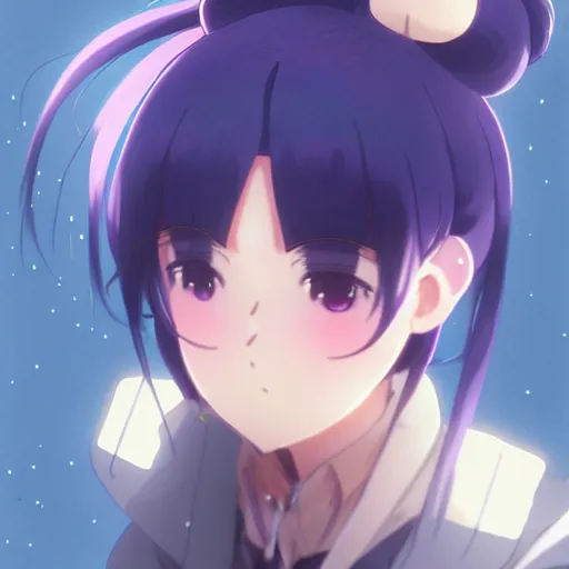 Image similar to cute anime shima rin shimarin yuru camp dark - blue hair bun tied in a high bun purple violet eyes portrait by greg rutkowski makoto shinkai kyoto animation forest background