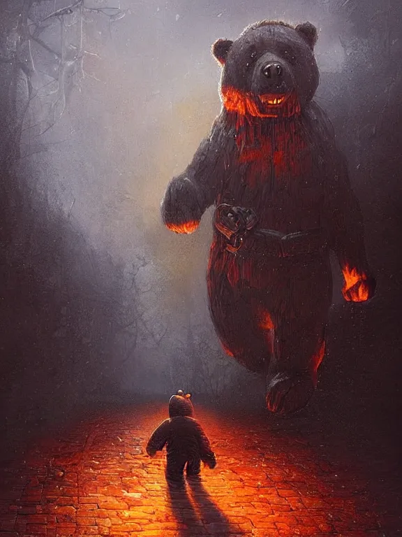 Image similar to A huge scary gummy bear killer is chasing me at night,dark street,alone,dim light,realistic,by Andrei Riabovitchev,Alex Horley,Heather Theurer,aaron horkey,Greg Rutkowski,trending on pinterest,full of color,cinematic,cinematic lighting