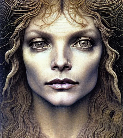 Image similar to detailed realistic beautiful young michelle pfeiffer as queen of jupiter face portrait by jean delville, gustave dore and marco mazzoni, art nouveau, symbolist, visionary, gothic, pre - raphaelite. horizontal symmetry by zdzisław beksinski, iris van herpen, raymond swanland and alphonse mucha. highly detailed, hyper - real, beautiful