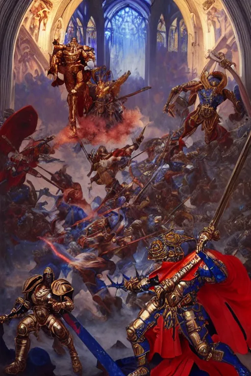 Image similar to epic warhammer battle between human warriors mages and demons, inside cathedrals and abbeys, fullbody!! dynamic action pose, religious, intricate, elegant, highly detailed, digital painting, artstation, concept art, smooth, sharp focus, red and blue color scheme, illustration, art by artgerm and greg rutkowski and alphonse mucha