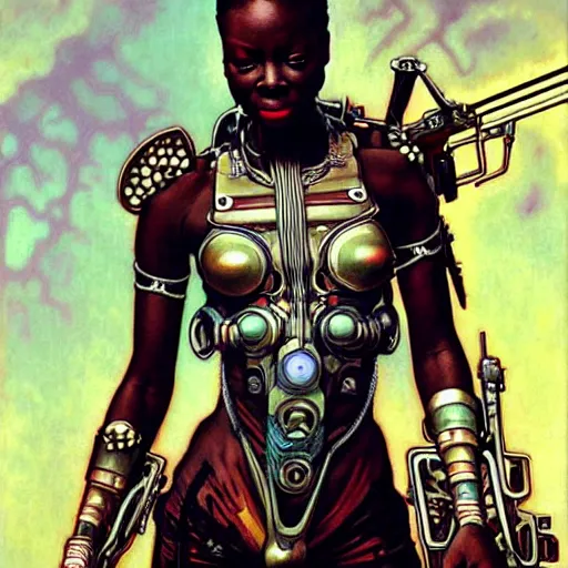 Prompt: realistic detailed painting of danai gurira, a beautiful futuristic warrior in intricate alien cyberpunk armor, midriff exposed, by alphonse mucha, ayami kojima, amano, greg hildebrandt, and mark brooks, female, feminine, art nouveau, cyberpunk, pre - raphaelite, gothic, character concept design