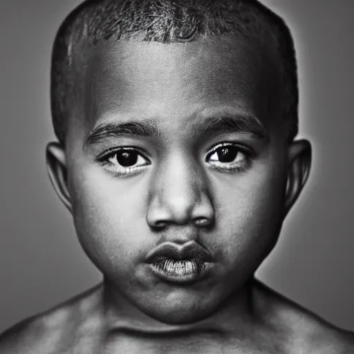 Image similar to the face of young kanye west wearing yeezy clothing at 3. 5 years old, black and white portrait by julia cameron, chiaroscuro lighting, shallow depth of field, 8 0 mm, f 1. 8