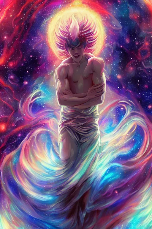 Image similar to god of the universe, korean mythology, galaxies and nebula flowing out of his body, artgerm, psychedelic floral planets, studio ghibli painterly style, trending on artstation