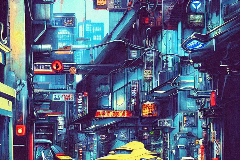 Image similar to auto repair shop in a neo - tokyo alleyway in cyberpunk style by vincent di fate