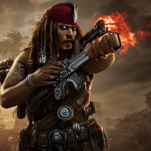 Image similar to captain jack sparrow in gears of war, gears of war, gears of war, splash art, movie still, cinematic lighting, dramatic, octane render, detailed face, long lens, shallow depth of field, bokeh, anamorphic lens flare, 8 k, hyper detailed, 3 5 mm film grain