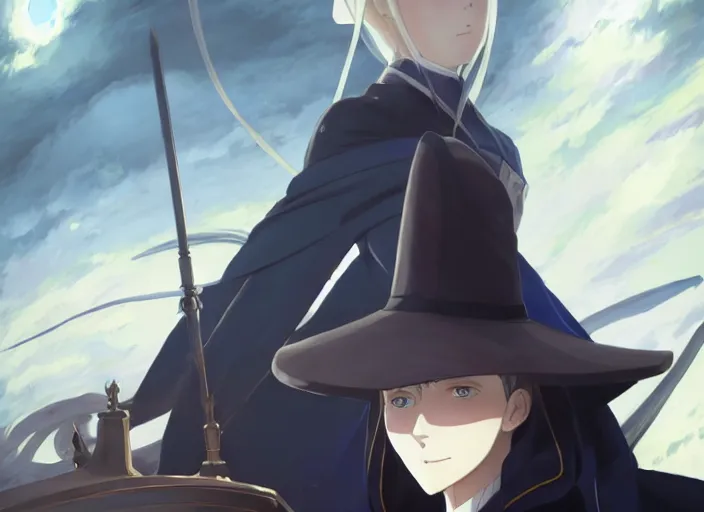 Image similar to portrait of lady maria, helm of second world war warship in background, illustration concept art anime key visual trending pixiv fanbox by wlop and greg rutkowski and makoto shinkai and studio ghibli and kyoto animation, symmetrical facial features, astral witch clothes, ww 2, golden details, gapmoe yandere grimdark, volumetric lighting, backlit