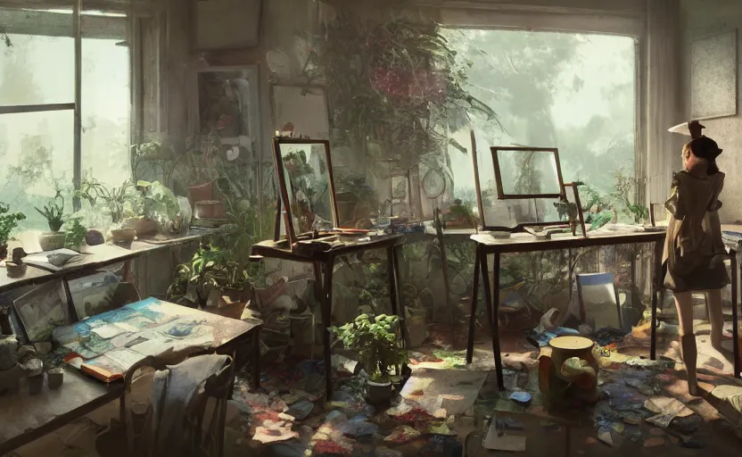 Prompt: a stylish artist studio interior, messy, many plants, drafting table, easel, painting by Craig Mullins, octane rendering, soft morning lighting, wide angle lens, low view, in the style of Hayao Miyazaki, trending on artstation,