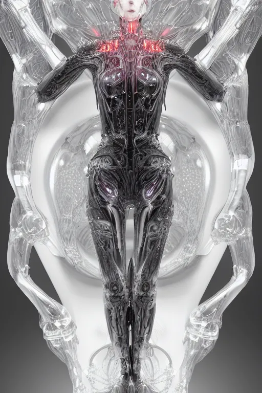 Image similar to iris van herpen, perfect symmetrical body, helmet on face, full body shot, inflateble shapes, wires, tubes, veins, jellyfish, white biomechanical details, wearing epic bionic cyborg implants, masterpiece, intricate, biopunk, vogue, highly detailed, artstation, concept art, cyberpunk, octane render