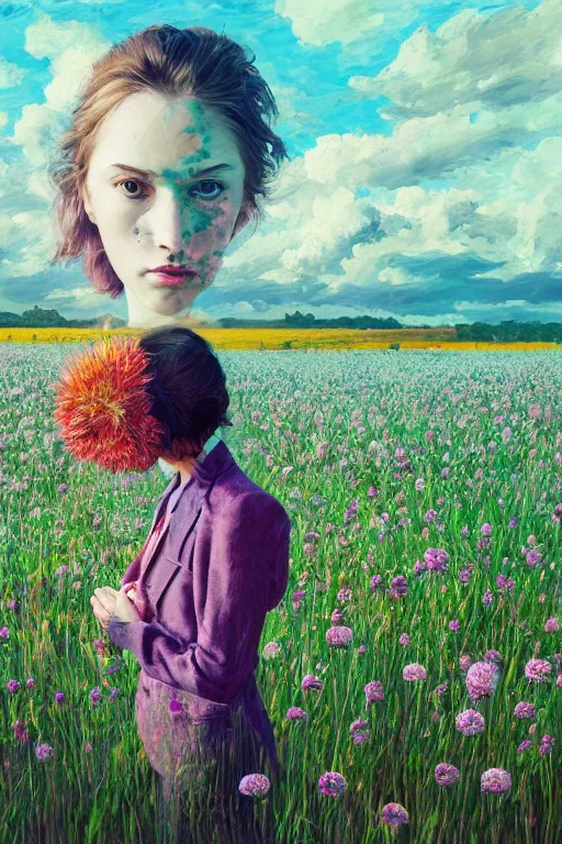 Prompt: portrait, huge thistle flowers over head, a girl in a suit in field of flowers, surreal photography, sunrise, blue sky, dramatic light, impressionist painting, digital painting, artstation, simon stalenhag