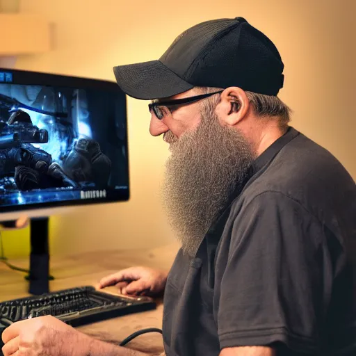 Prompt: large old man with glasses and a beard streaming an FPS game on his PC, 4k image,