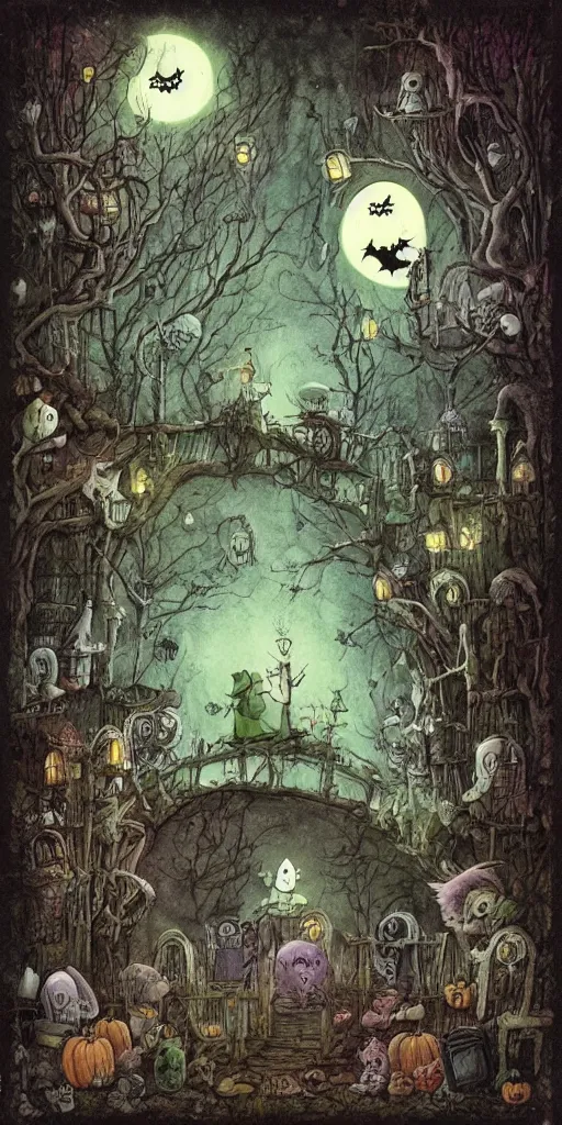 Prompt: a ghost scene by alexander jansson, joel fletcher, owen klatte, angie glocka, justin kohn, maurice sendak. halloween palette.