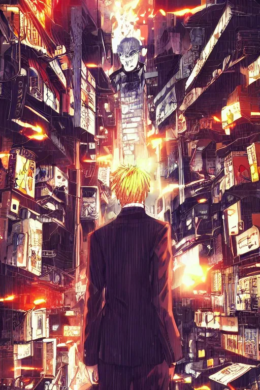 Image similar to manga cover, orange-headed businessman, intricate cyberpunk city, emotional lighting, character illustration by tatsuki fujimoto, chainsaw man, fire punch