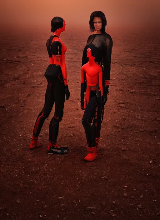 Image similar to cinestill 5 0 d photographic portrait by steve mccurry of two loving female androids wearing rugged black mesh techwear on a desolate plain with a red sky, extreme closeup, cyberpunk style, dust storm, 8 k, hd, high resolution, 3 5 mm, f / 3 2, ultra realistic faces, ex machina, blade runner