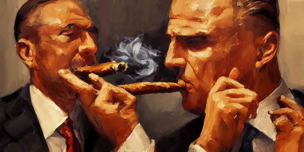 Image similar to abstract oil matte portrait painting, mafia boss smoking a cigar at his 5 0 s new york office desk, wonderful masterpiece highly detailed, beautiful cinematic light deep focus, elegant, digital painting, smooth, sharp focus, golden ratio, dramatic illumination, ultra realistic, 8 k, art by jimmy law