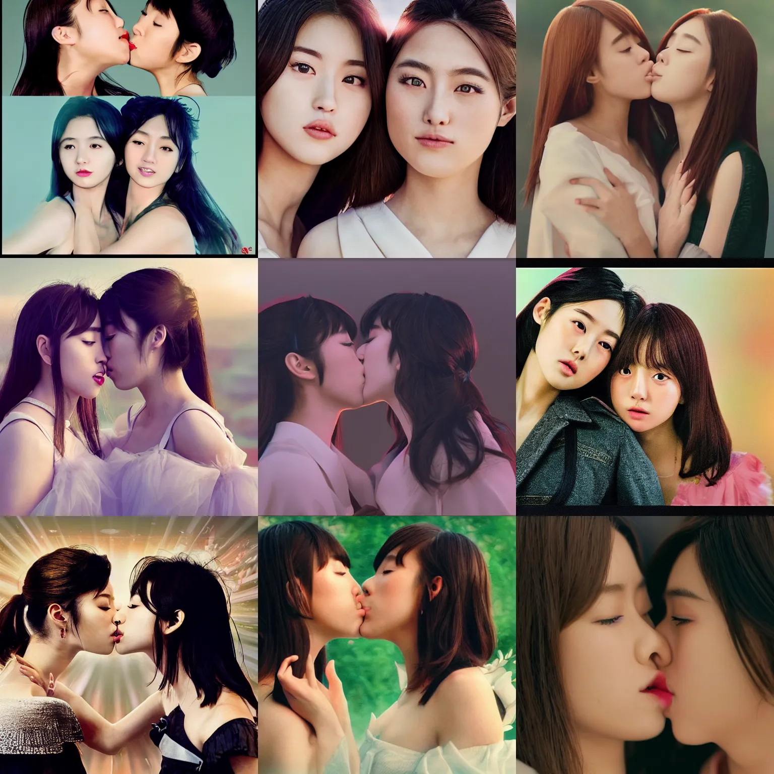 Prompt: unbelievably beautiful, perfect, dynamic, epic, cinematic 8 k hd movie shot, kiss of two japanese beautiful cute young j - pop idols actresses girls, they kiss each other. motion, vfx, inspirational arthouse, high budget, hollywood style, at behance, at netflix, with instagram filters, photoshop, adobe lightroom, adobe after effects, taken with polaroid kodak portra