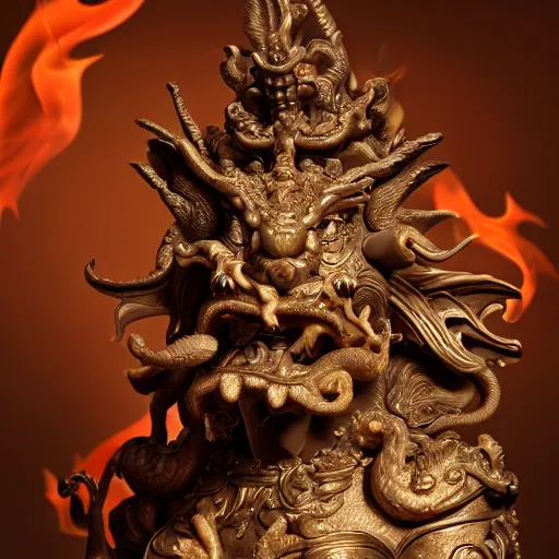 Image similar to a closeup photo, face, rococo alabaster and ruby real delicate ceramic porcelain sculpture of an ornate detailed dragon god in front of an intricate background by rafael, micro detail, backlit lighting, subsurface scattering, translucent, thin porcelain, fire, flames, amber, octane renderer, colorful, physically based rendering, trending on cgsociety